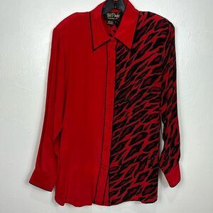 Bob Mackie Wearable Art Silk Zebra Print Long Sleeve Button Down Shirt Size M